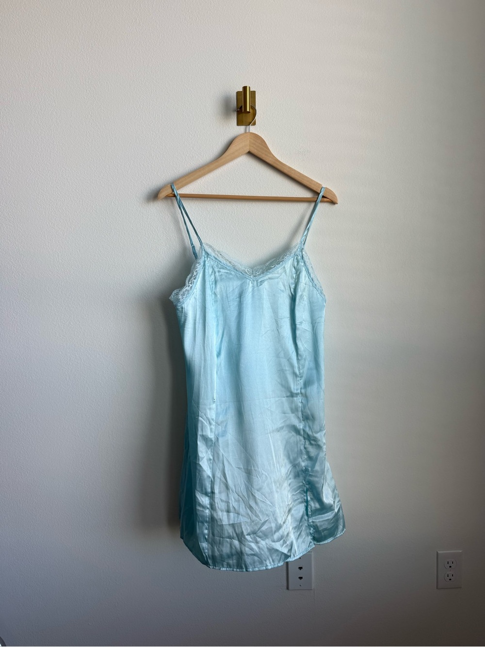 Vintage Satin Slip Dress Nightgown Lace Trim Light Blue Adjustable Straps OS - Picture 2 of 8